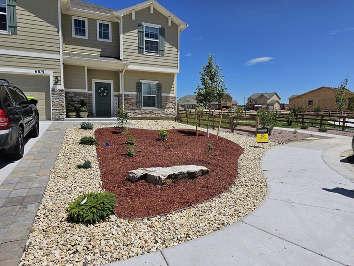 New-construction Castle Rock front yard finished with rock mulch and a boulder accent